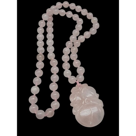 Chinese Rose Quartz Hand Knotted Mala Lotus Design Necklace 28" Vintage - Picture 10 of 16